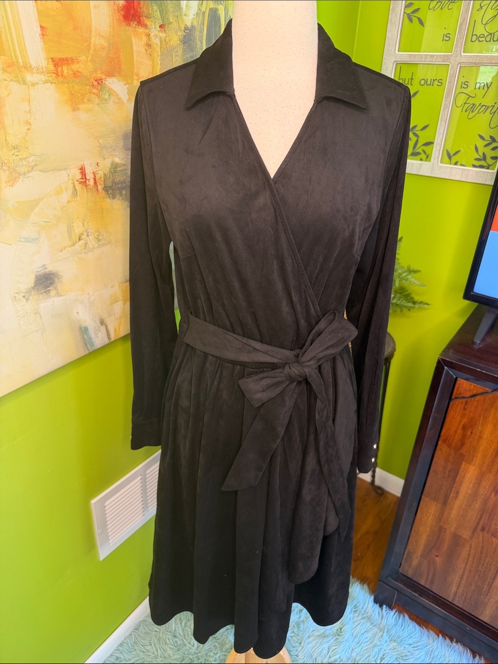 Christian Siriano Black Faux-Suede Wrap Dress with Tie Waist